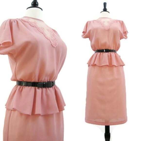 Vintage 80s Pink Peplum Dress Victorian Inspired Lace Crepe Nu-Mode - Picture 3 of 5